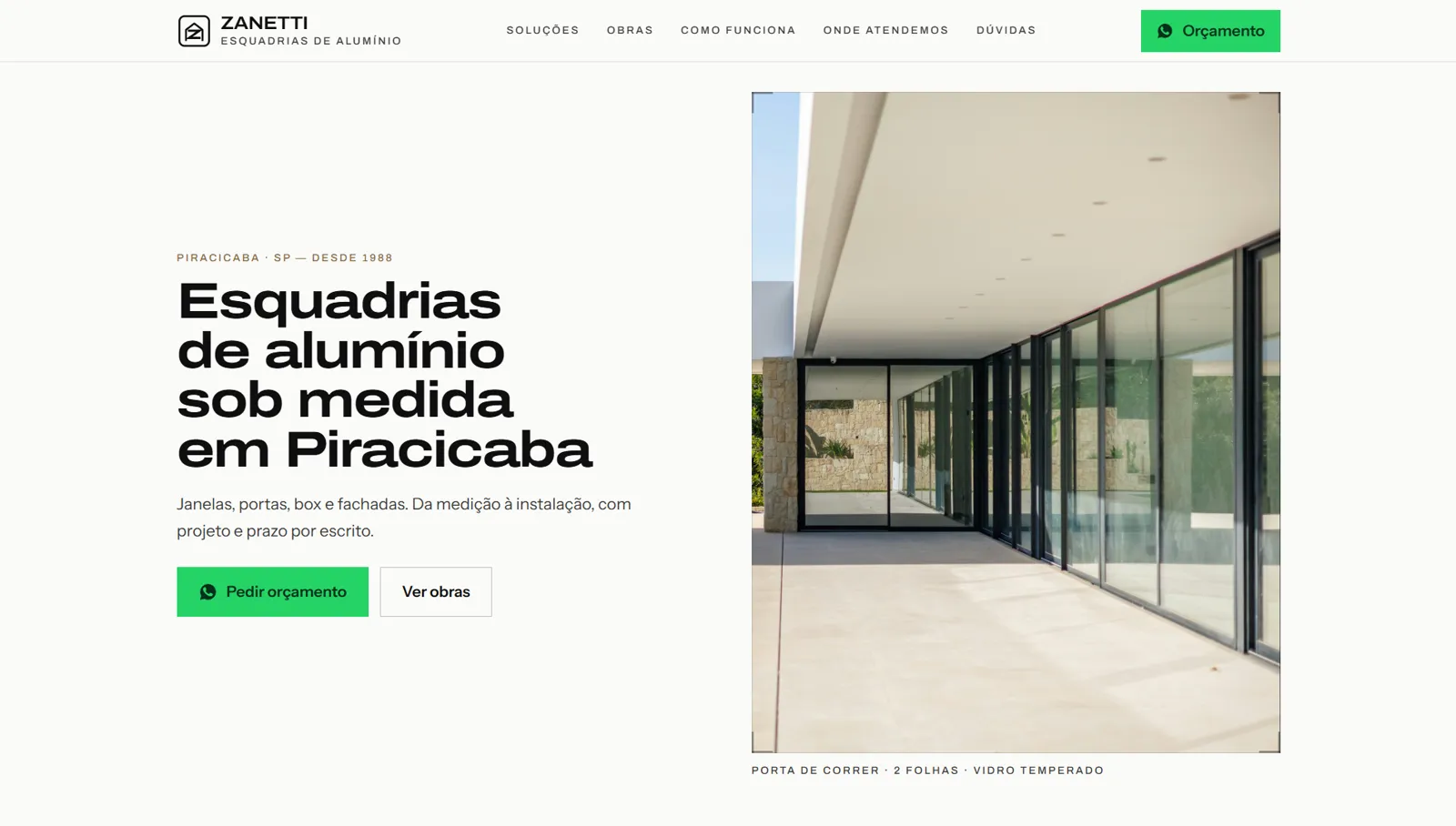 Site da Zanetti Esquadrias de Alumínio, feito pela Medrado Labs